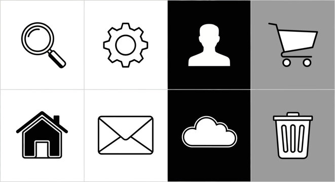 Streamlined digital communication and navigation symbols for modern web and application interfaces, covering key functionalities like search, configuration, user profiles, and message management