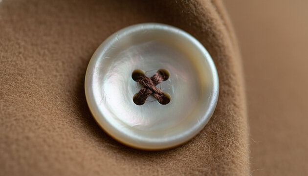 Iridescent mother of pearl button sewn onto camel brown cashmere wool macro