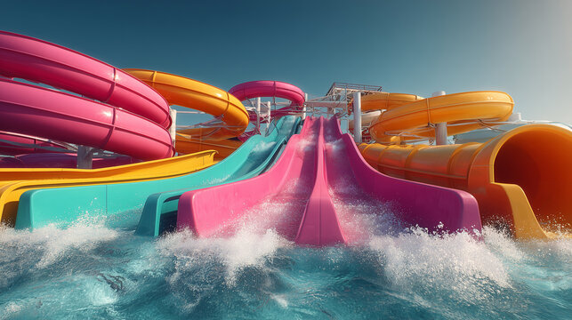 colorful water park slides splashing pool summer fun aqua park attraction adventure recreation entertainment