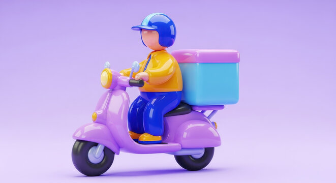 3d illustration of a friendly delivery driver on a scooter, carrying a box, representing quick shipping and e-commerce