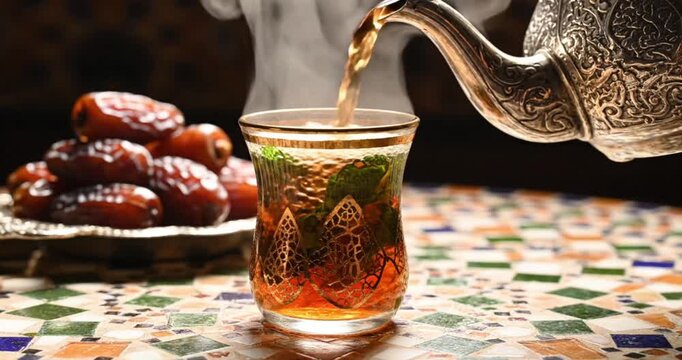 An elegantly decorated metal teapot pours steaming hot beverage into a clear, ornate glass cup, releasing delicate plumes of vapor. Vibrant green mint leaves float within the amber liquid, hinting at 