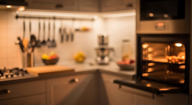 A cozy kitchen with an oven preheating, showcasing a well-equipped cooking space.