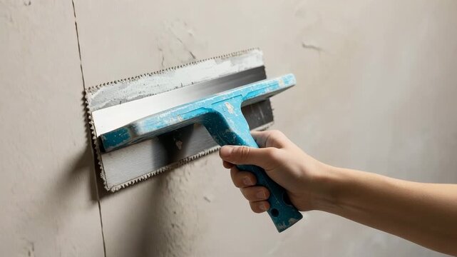 Hand using a trowel to apply plaster on a wall during renovation  