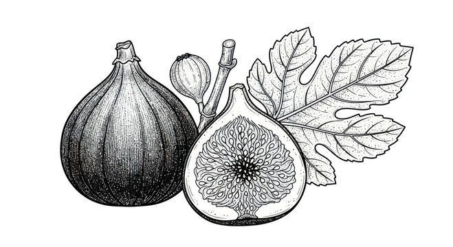 Fig fruit and fig tree leaves.