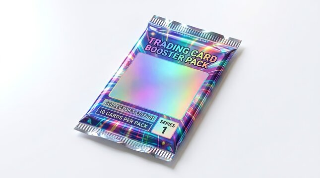Professional mockup of a collectible card booster pack with iridescent textures.