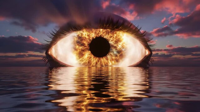 Surreal fiery eye rising from dark ocean at sunset with cinematic light reflections.