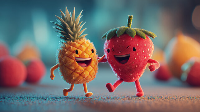 Cartoon style fruits with arms and legs laughing together in a joyful surreal scene.  
Bright colorful lighting, cinematic composition, highly detailed, no text.