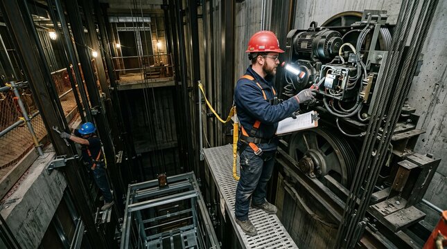 Close-up of a technician checking elevator components and mechanical systems during building assembly.