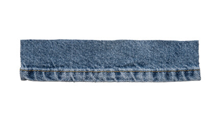 Blue denim fabric swatch, strip, rectangular piece of jeans material isolated on transparent background.