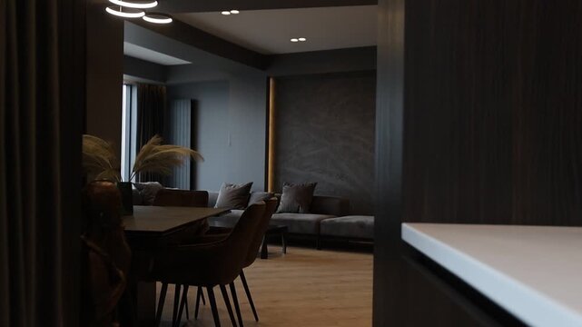 Spacious dining environment with elegant lighting and natural elements