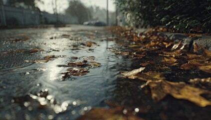 Fototapeta premium Wet autumn leaves glisten on a paved street after rain, reflecting light