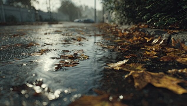 Wet autumn leaves glisten on a paved street after rain, reflecting light