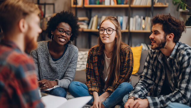 Diverse University Students Sharing Ideas and Laughter in a Cozy Library Study Group.