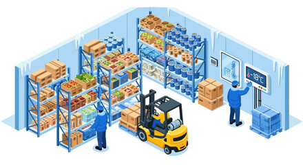 Obraz premium Isometric illustration of two warehouse workers operating a forklift and managing inventory in a well-organized storage facility with blue shelving and various packaged