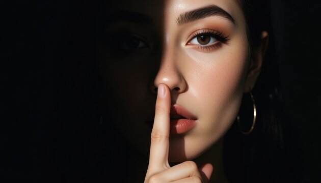 A woman with flawless skin holds a finger to her lips, suggesting silence or secrecy, with dramatic lighting highlighting half her face against a dark background.