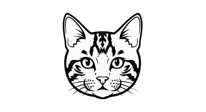 Minimalist black and white illustration of a tabby cat's face