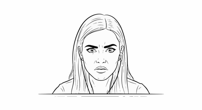 Line art of a young woman with an intensely worried or concerned expression