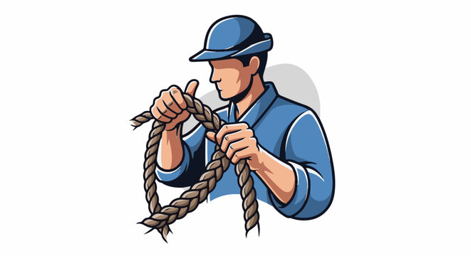 Man in blue cap and shirt tying a thick rope with skilled hands