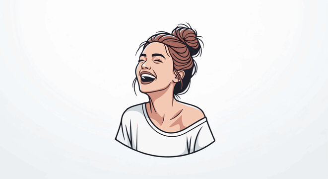 Joyful woman with hair in a bun, off-shoulder white shirt, open mouth laughter