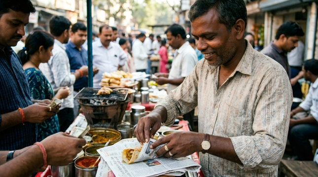 Street vendor preparing food for customer at roadside market. Indian man cooking local meal in city. Authentic culinary production and service of traditional snack for consumer in Asia.