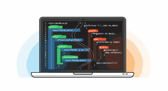Laptop displaying lines of code with vibrant color accents