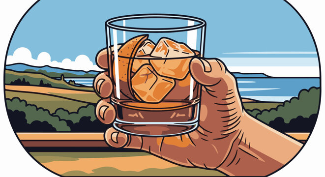 Hand holding a glass of whiskey with ice and an orange peel