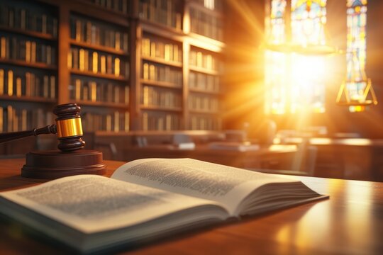 A luxurious law library brimming with meticulously organized legal books and documents is complemented by a grand wooden desk. A judge's gavel and constitutional law book hint at profound legal study.