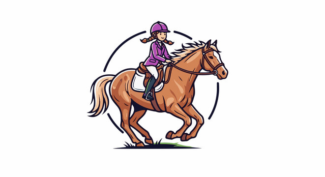 Girl rider in purple jacket on a running horse, with a circle