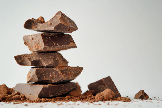 A rustic stack of dark chocolate chunks creates an inviting, artisanal scene. The rough edges and cracks highlight the rich, indulgent nature of this bittersweet treat.