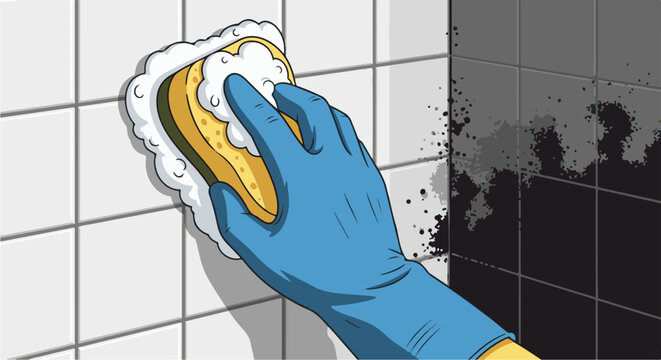 Hand in blue glove scrubbing tile wall with a sponge