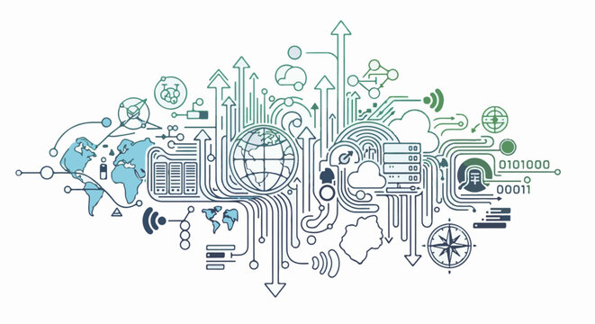 Global network of interconnected data, servers, and digital pathways