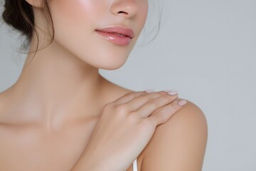 Naklejka premium Beautiful Woman Touching Neck and Shoulder Skincare and Body Care Concept Close Up