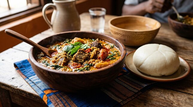 Bowl of traditional African dish with fufu on wooden table  