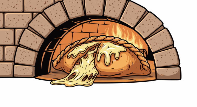 Golden empanada with oozing cheese, baked in a stone oven with flames