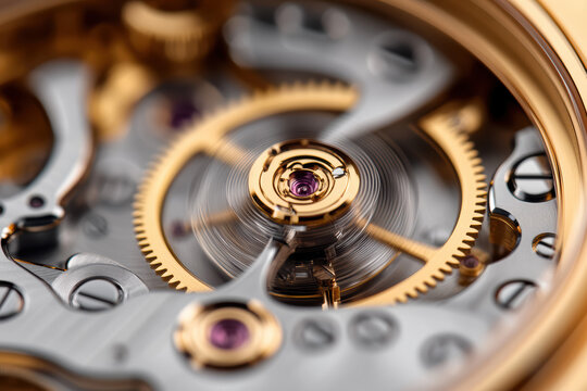 A detailed close-up of a watch movement features polished brass gears and ruby bearings. The intricate engraving and precise craftsmanship highlight the art of horology.