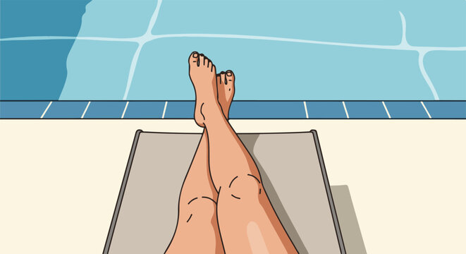 Legs crossed on a lounge chair by a bright blue swimming pool