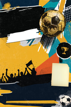 Soccer tournament with golden ball promotion poster grunge texture collage style vertical template have blank space.