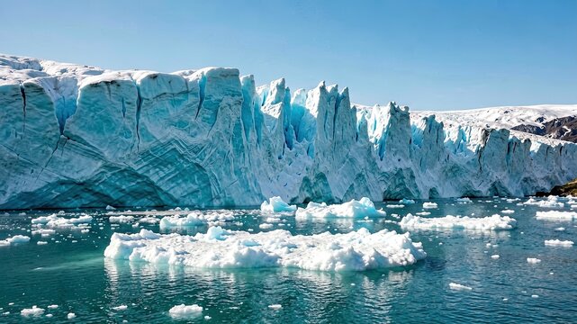 Arctic glacier wall over ocean water with floating icebergs under blue sky showing climate change and polar landscape.