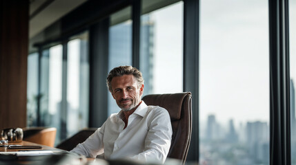 Fototapeta premium Smiling executive in white shirt seated in leather chair at luxury boardroom