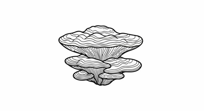 Line art drawing of clustered shelf mushrooms with wavy cap patterns
