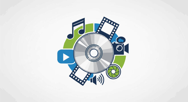 Media and entertainment icons arranged in a circular design with a disc