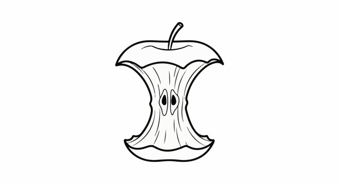 Line art illustration of a cartoon apple core with a stem and two eyes