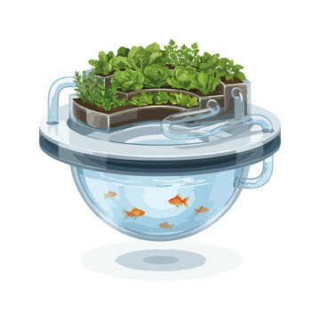 3d vector icon of aquaponic farming ecosystem, floating circular platform combining fish tank below and leafy vegetable bed above, clean water circulation tubes visible
