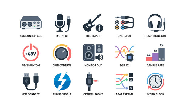 Audio interface icons showing inputs outputs and connections on white