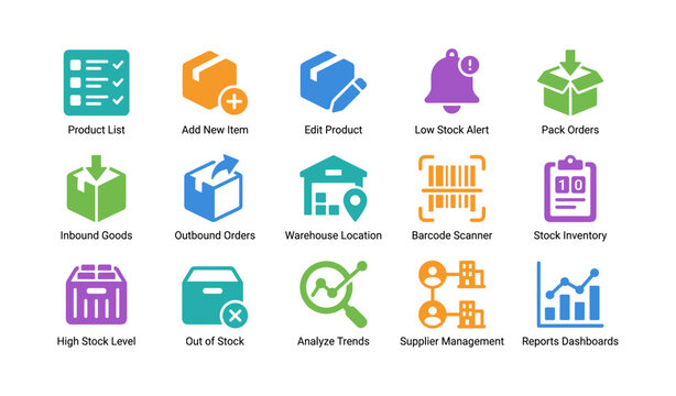 Inventory icons showing product, warehouse and stock actions on white