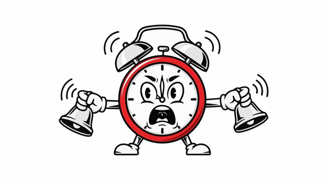 Furious cartoon alarm clock ringing, arms and legs, bell ringing loudly