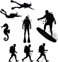 Adventure and marine silhouettes set with scuba divers, surfer, hikers and seahorse isolated on light background design © SreePoreshChandra
