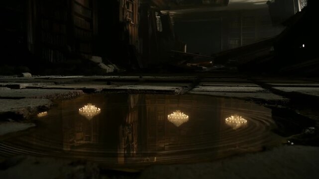 Low angle shot looking at a puddle on a broken library floor reflecting the room intact and lit with chandeliers while real surroundings are ruined, melancholic ghostly echo atmosphere