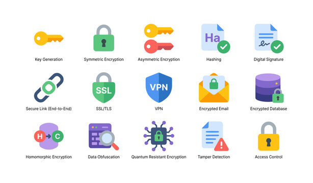 Encryption icons showing security concepts on white background