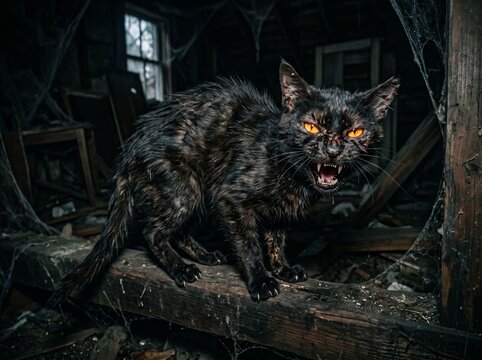 Black Cat with Glowing Eyes and Occult Symbols in Dark Haunted Attic